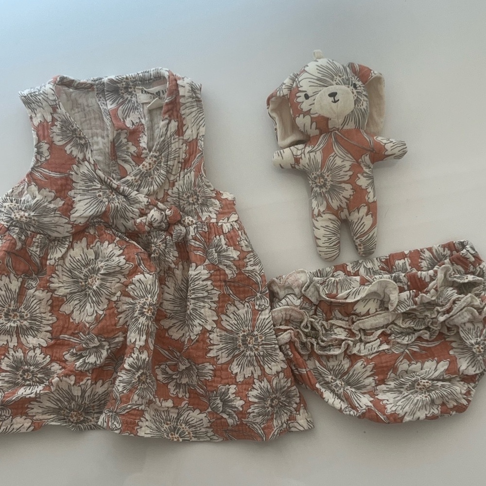 Organic cotton gaze dress with ruffle bloomers and matching bunny rattle- orange